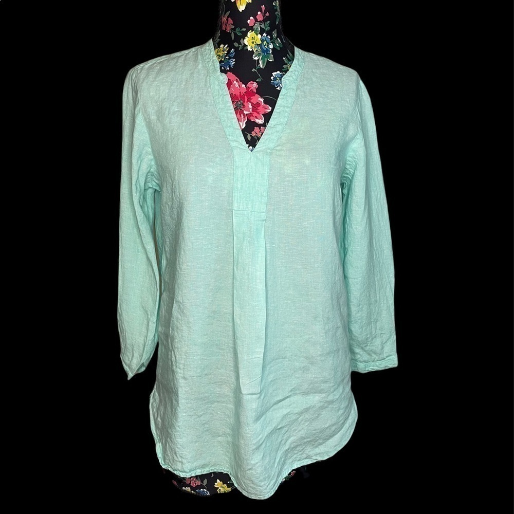 L.L. bean 100% Linen V-Neck Hi-Lo Tunic Top Light Turquoise Teal Blue
